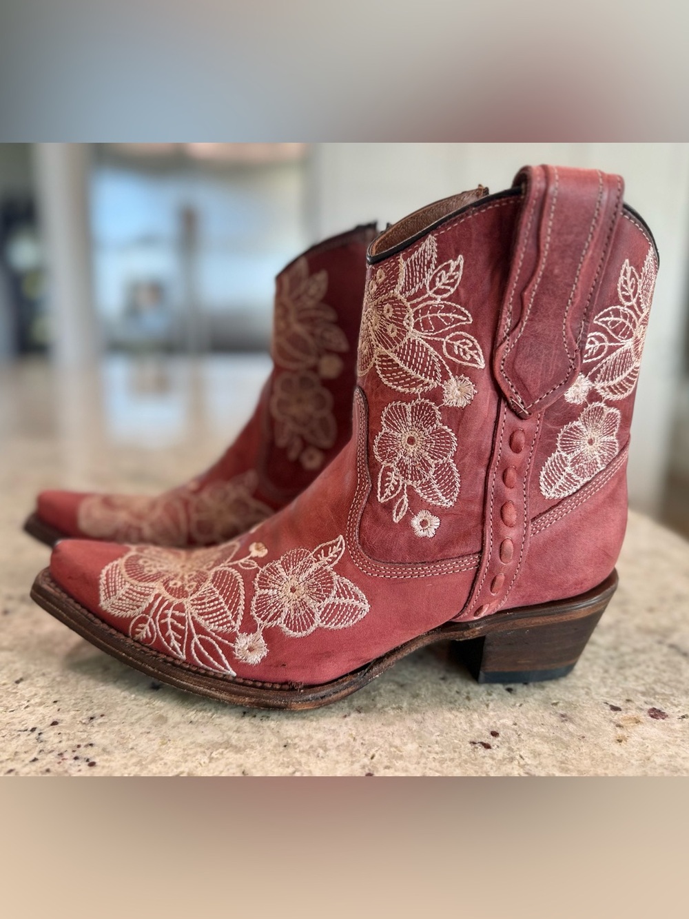 Circle G Women's Flowered Embroidery Ankle Western Cowboy Boots- Snip Toe